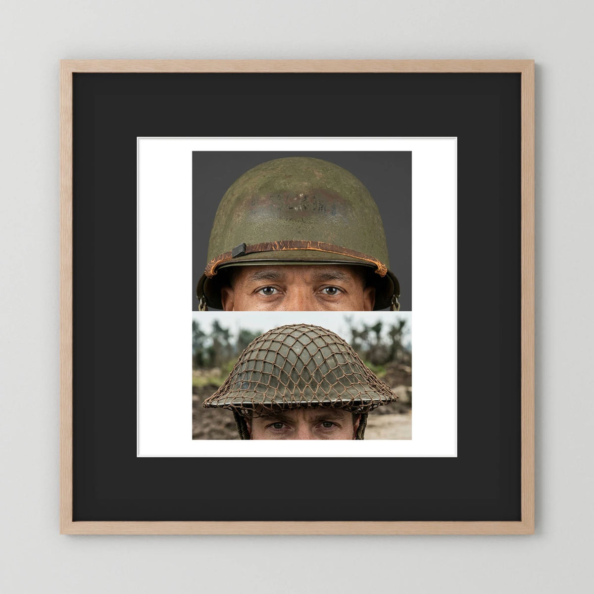 Composite image showing MkII Brodie Helmet British Armed Forces & MI Helmet U.S Forces, WWII