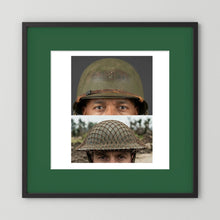 Composite image showing MkII Brodie Helmet British Armed Forces & MI Helmet U.S Forces, WWII