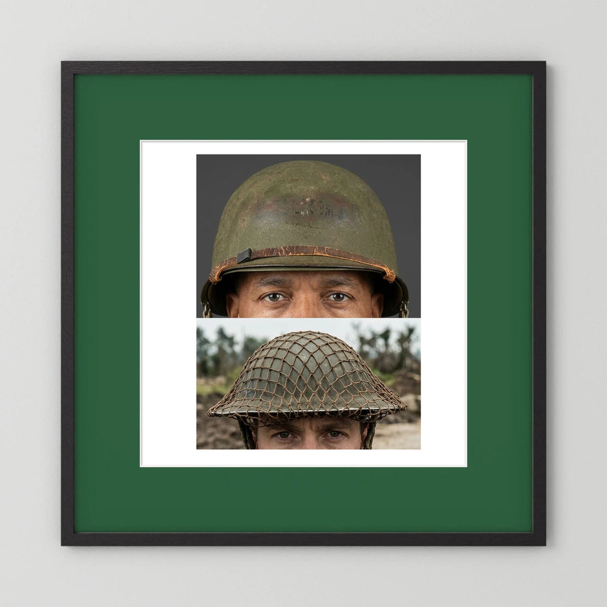 Composite image showing MkII Brodie Helmet British Armed Forces & MI Helmet U.S Forces, WWII