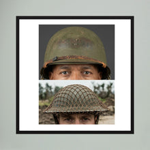 Composite image showing MkII Brodie Helmet British Armed Forces & MI Helmet U.S Forces, WWII