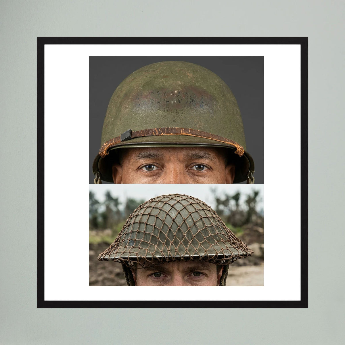 Composite image showing MkII Brodie Helmet British Armed Forces & MI Helmet U.S Forces, WWII