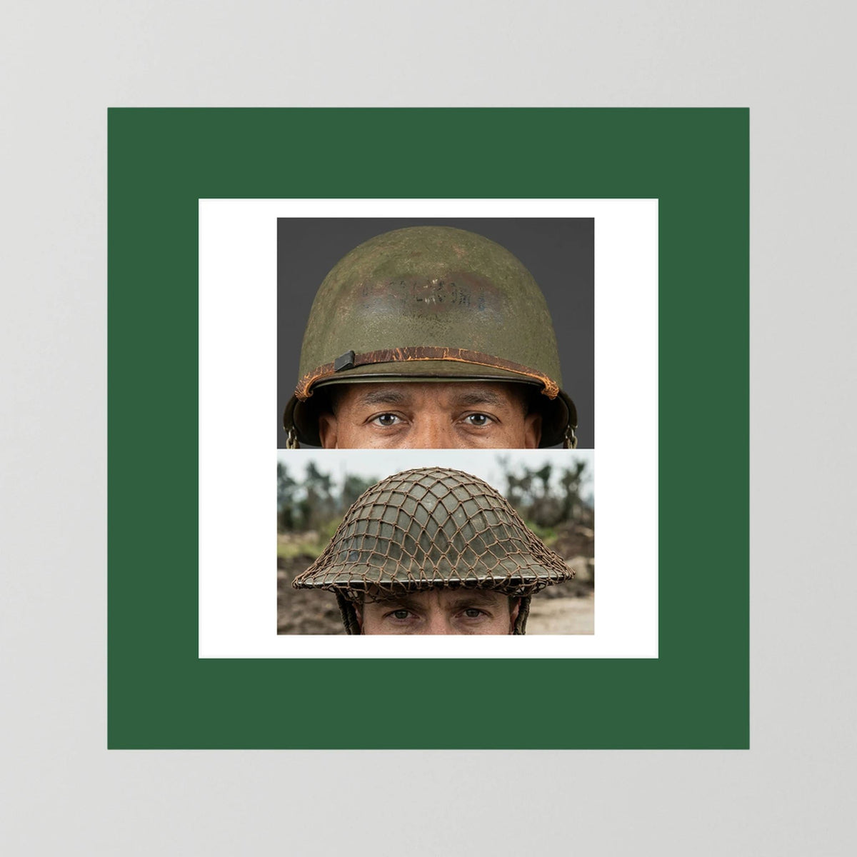 Composite image showing MkII Brodie Helmet British Armed Forces & MI Helmet U.S Forces, WWII