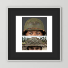Composite image showing MkII Brodie Helmet British Armed Forces & MI Helmet U.S Forces, WWII