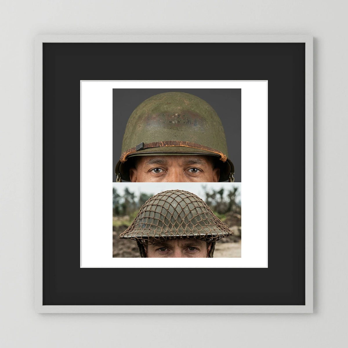 Composite image showing MkII Brodie Helmet British Armed Forces & MI Helmet U.S Forces, WWII