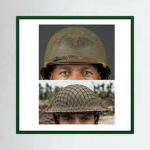 Composite image showing MkII Brodie Helmet British Armed Forces & MI Helmet U.S Forces, WWII
