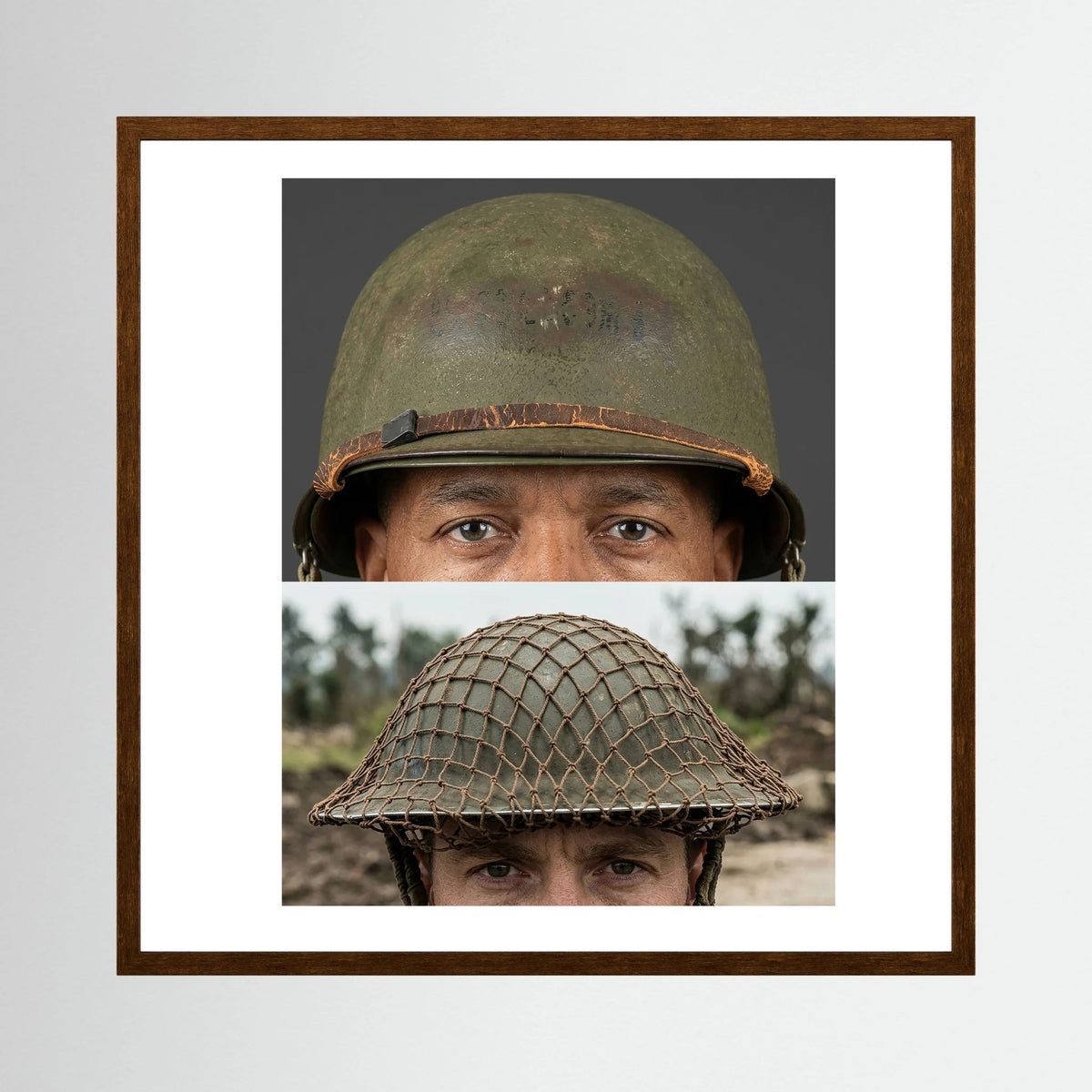 Composite image showing MkII Brodie Helmet British Armed Forces & MI Helmet U.S Forces, WWII