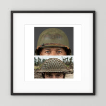 Composite image showing MkII Brodie Helmet British Armed Forces & MI Helmet U.S Forces, WWII