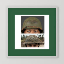 Composite image showing MkII Brodie Helmet British Armed Forces & MI Helmet U.S Forces, WWII