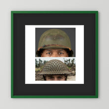 Composite image showing MkII Brodie Helmet British Armed Forces & MI Helmet U.S Forces, WWII