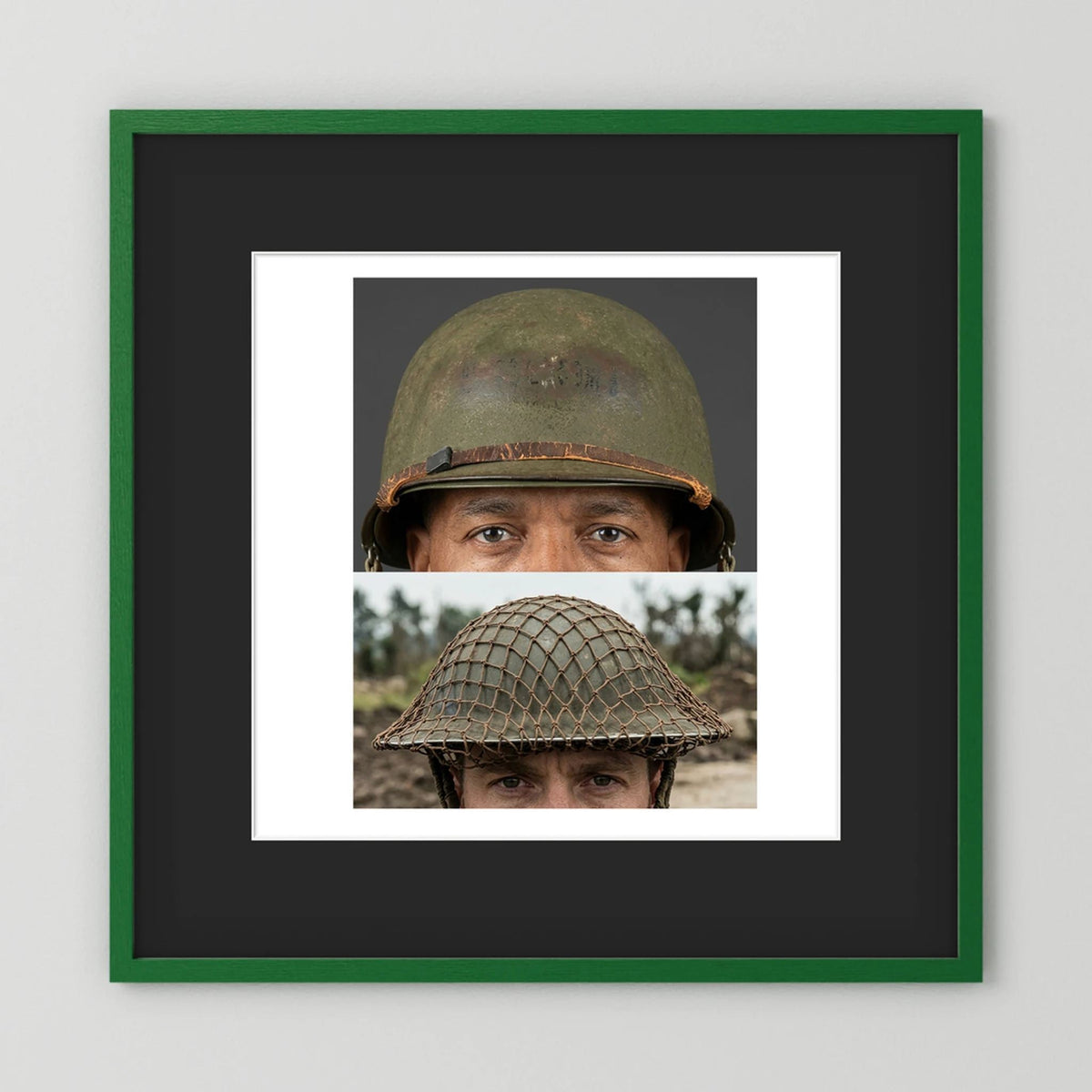 Composite image showing MkII Brodie Helmet British Armed Forces & MI Helmet U.S Forces, WWII