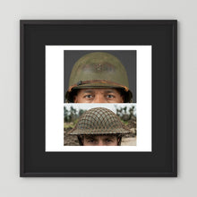 Composite image showing MkII Brodie Helmet British Armed Forces & MI Helmet U.S Forces, WWII
