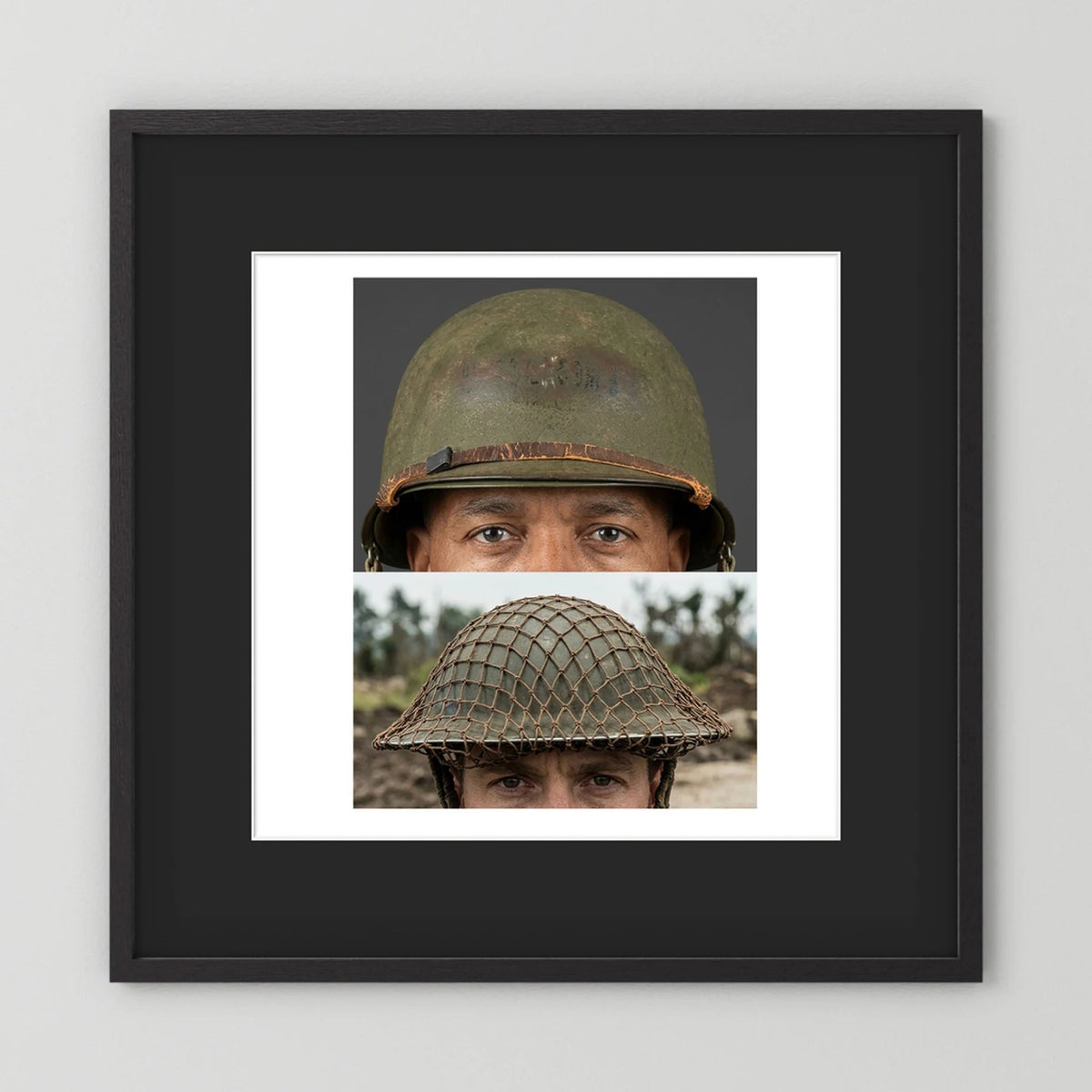 Composite image showing MkII Brodie Helmet British Armed Forces & MI Helmet U.S Forces, WWII