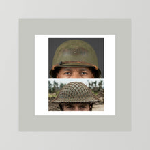 Composite image showing MkII Brodie Helmet British Armed Forces & MI Helmet U.S Forces, WWII