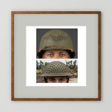 Composite image showing MkII Brodie Helmet British Armed Forces & MI Helmet U.S Forces, WWII