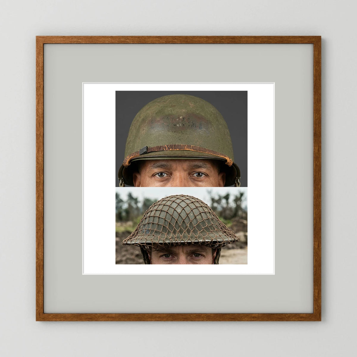 Composite image showing MkII Brodie Helmet British Armed Forces & MI Helmet U.S Forces, WWII