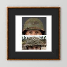Composite image showing MkII Brodie Helmet British Armed Forces & MI Helmet U.S Forces, WWII
