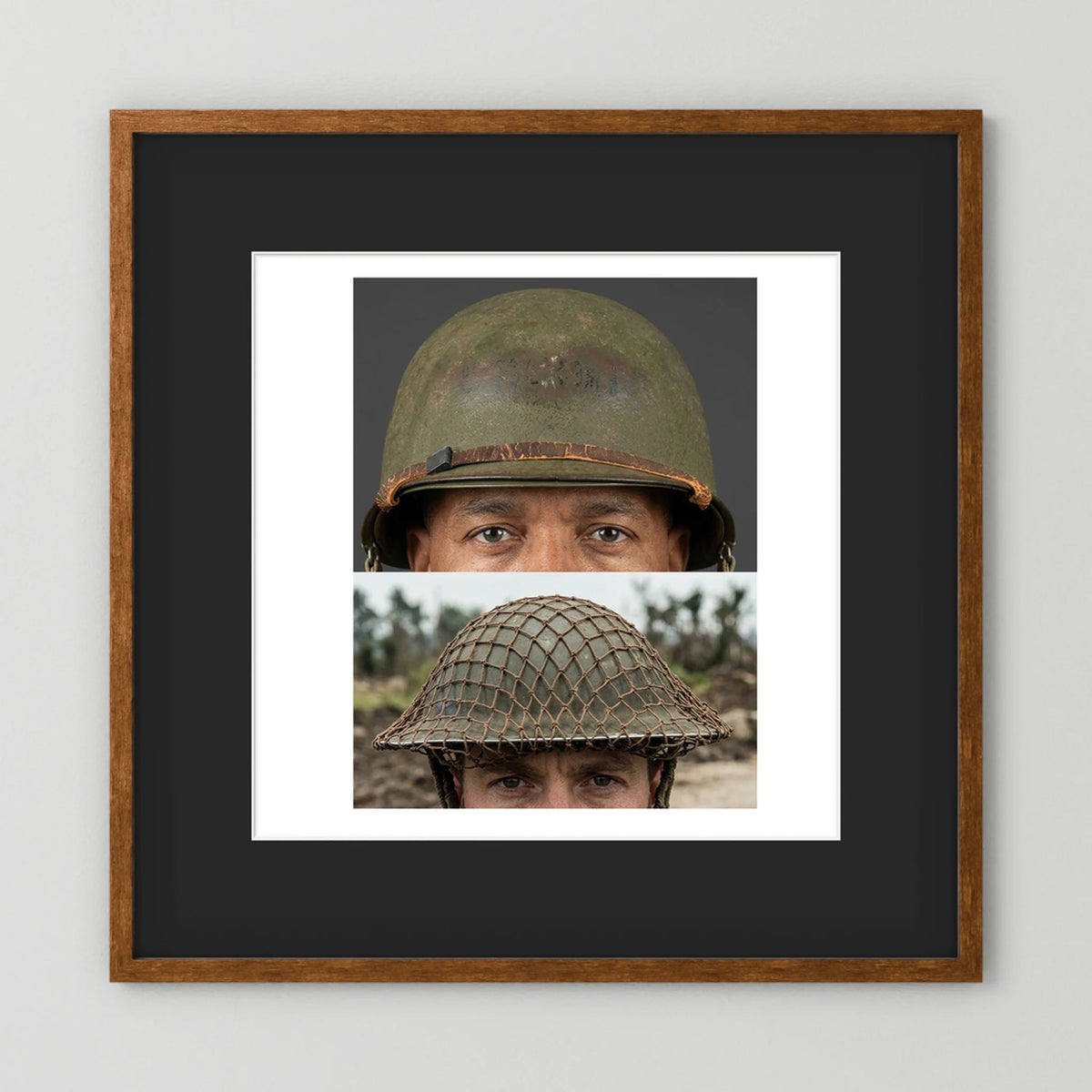 Composite image showing MkII Brodie Helmet British Armed Forces & MI Helmet U.S Forces, WWII
