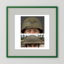 Composite image showing MkII Brodie Helmet British Armed Forces & MI Helmet U.S Forces, WWII