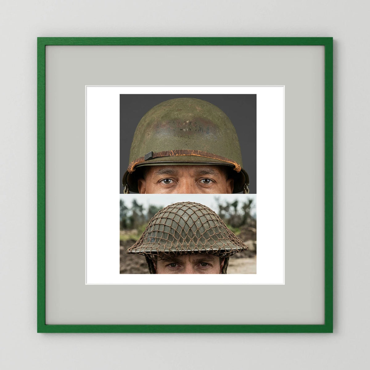 Composite image showing MkII Brodie Helmet British Armed Forces & MI Helmet U.S Forces, WWII