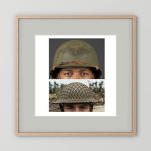 Composite image showing MkII Brodie Helmet British Armed Forces & MI Helmet U.S Forces, WWII