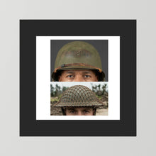 Composite image showing MkII Brodie Helmet British Armed Forces & MI Helmet U.S Forces, WWII