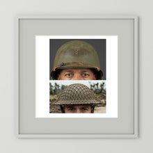 Composite image showing MkII Brodie Helmet British Armed Forces & MI Helmet U.S Forces, WWII