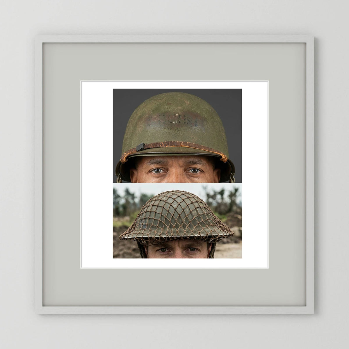 Composite image showing MkII Brodie Helmet British Armed Forces & MI Helmet U.S Forces, WWII