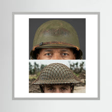 Composite image showing MkII Brodie Helmet British Armed Forces & MI Helmet U.S Forces, WWII