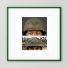 Composite image showing MkII Brodie Helmet British Armed Forces & MI Helmet U.S Forces, WWII