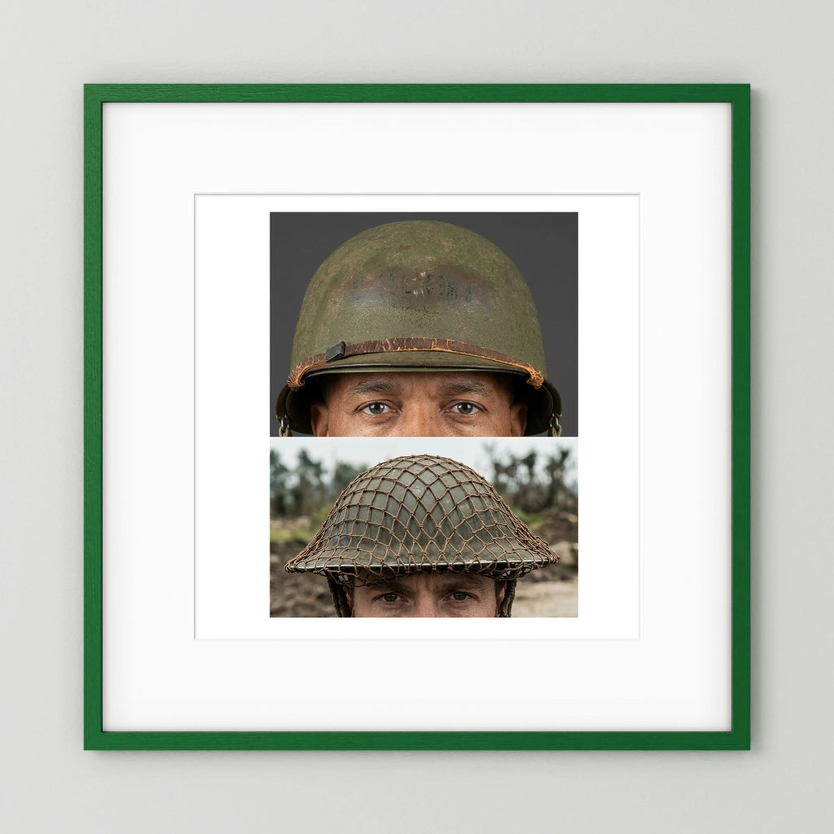 Composite image showing MkII Brodie Helmet British Armed Forces & MI Helmet U.S Forces, WWII