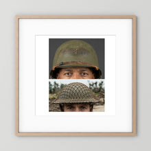 Composite image showing MkII Brodie Helmet British Armed Forces & MI Helmet U.S Forces, WWII