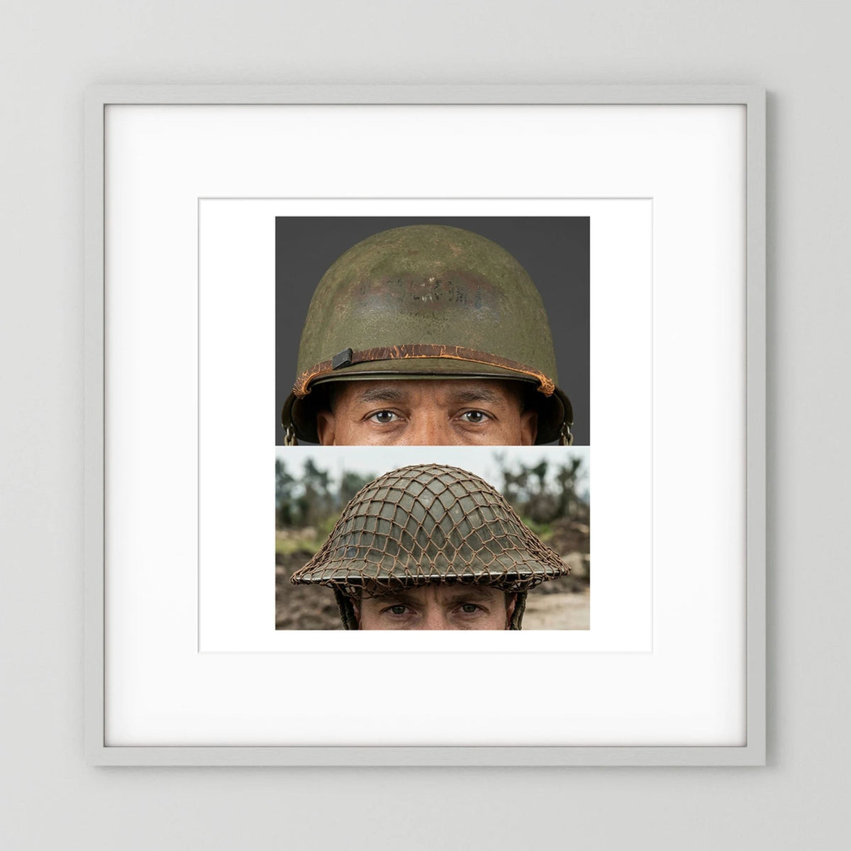 Composite image showing MkII Brodie Helmet British Armed Forces & MI Helmet U.S Forces, WWII