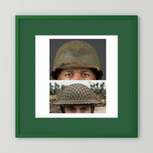 Composite image showing MkII Brodie Helmet British Armed Forces & MI Helmet U.S Forces, WWII
