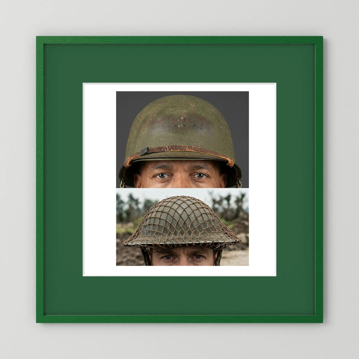 Composite image showing MkII Brodie Helmet British Armed Forces & MI Helmet U.S Forces, WWII