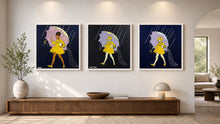  Mock up of three different framed versions of the Morton Salt Girl in a contemporary living-room setting, cream and brown decor.