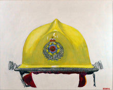 Painting of a yellow New Zealand Fire Service helmet with a crowned service badge, metal rim and red chinstrap on a pale background.