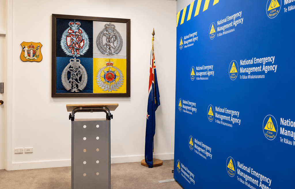 New Zealand Police & Fire Helmet Cap Badges, Late Twentieth Century. Photograph - Art goes to War