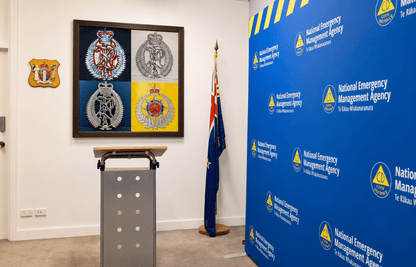 New Zealand Police & Fire Helmet Cap Badges, Late Twentieth Century. Photograph - Art goes to War