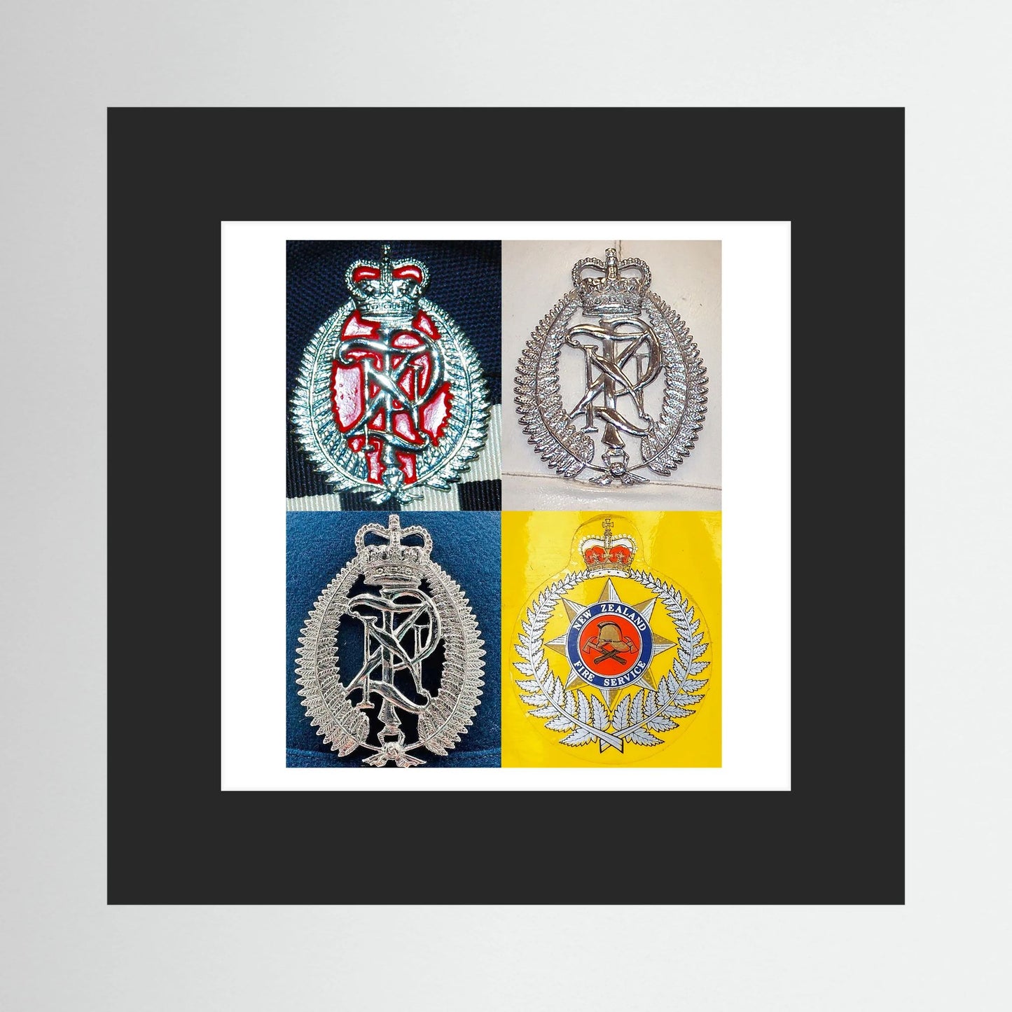 New Zealand Police & Fire Helmet Cap Badges, Late Twentieth Century. Photograph - Art goes to War