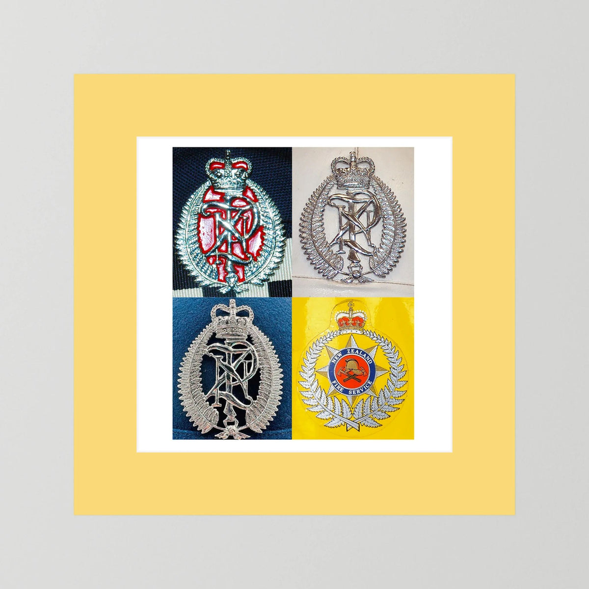 New Zealand Police & Fire Helmet Cap Badges, Late Twentieth Century. Photograph - Art goes to War