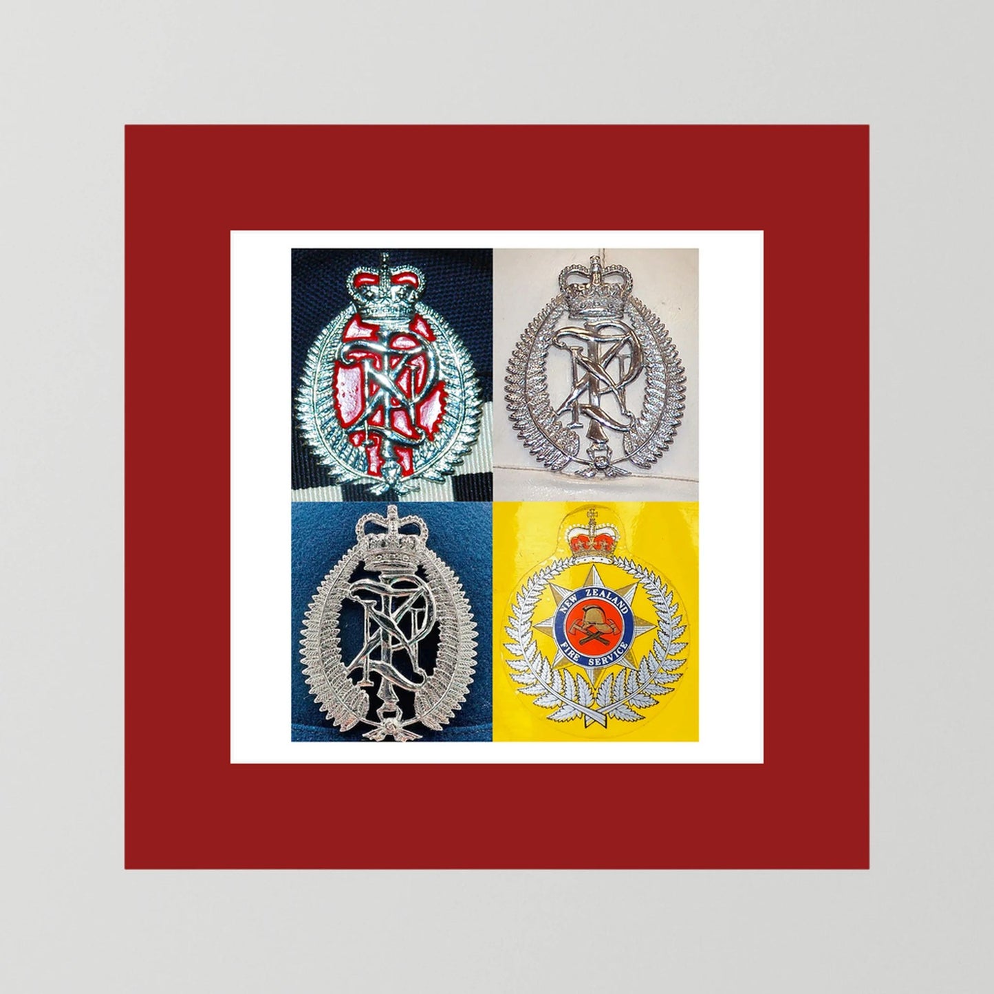 New Zealand Police & Fire Helmet Cap Badges, Late Twentieth Century. Photograph - Art goes to War