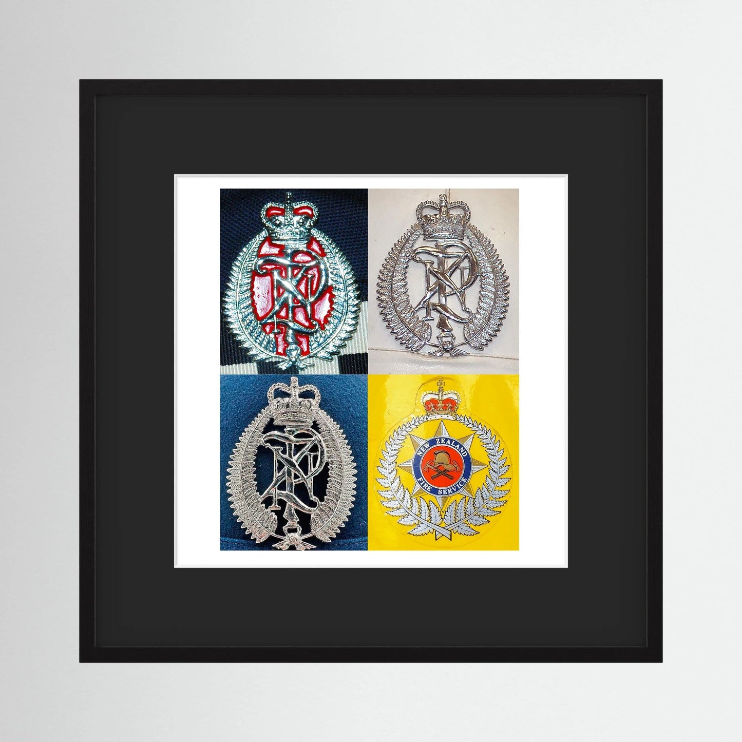 New Zealand Police & Fire Helmet Cap Badges, Late Twentieth Century. Photograph - Art goes to War