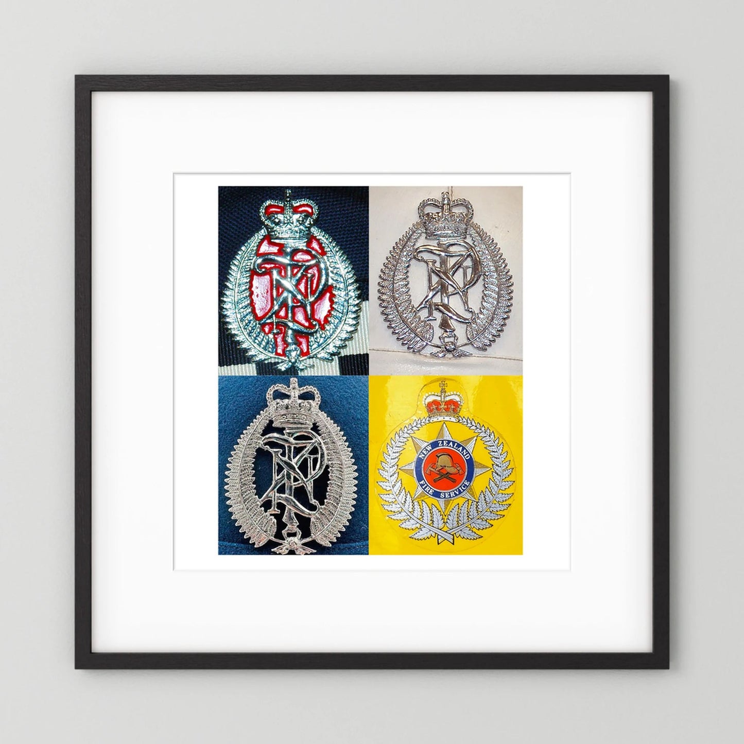 New Zealand Police & Fire Helmet Cap Badges, Late Twentieth Century. Photograph - Art goes to War