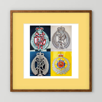 New Zealand Police & Fire Helmet Cap Badges, Late Twentieth Century. Photograph - Art goes to War