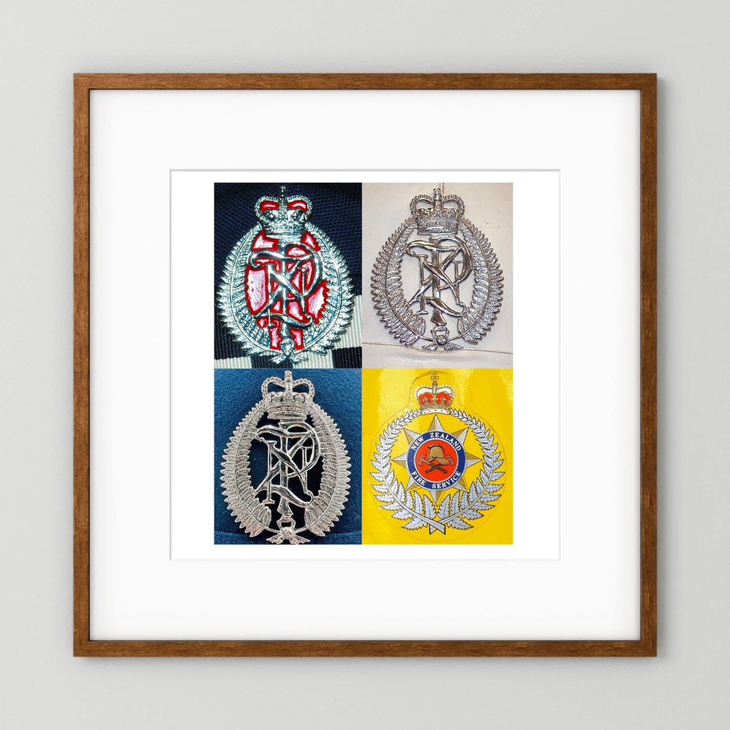 New Zealand Police & Fire Helmet Cap Badges, Late Twentieth Century. Photograph - Art goes to War