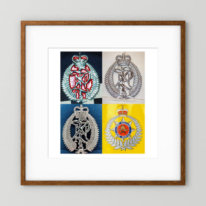 New Zealand Police & Fire Helmet Cap Badges, Late Twentieth Century. Photograph - Art goes to War
