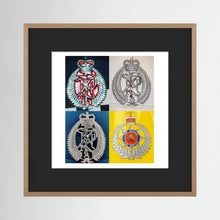 New Zealand Police & Fire Helmet Cap Badges, Late Twentieth Century — photograph displayed in a natural oak frame mockup