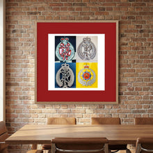New Zealand Police & Fire Helmet Cap Badges, Late Twentieth Century — photograph displayed in a natural oak frame mockup