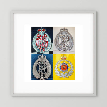 New Zealand Police & Fire Helmet Cap Badges, Late Twentieth Century. Photograph - Art goes to War