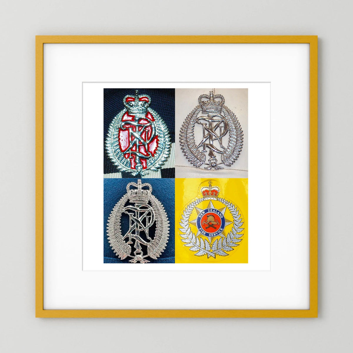 New Zealand Police & Fire Helmet Cap Badges, Late Twentieth Century. Photograph - Art goes to War